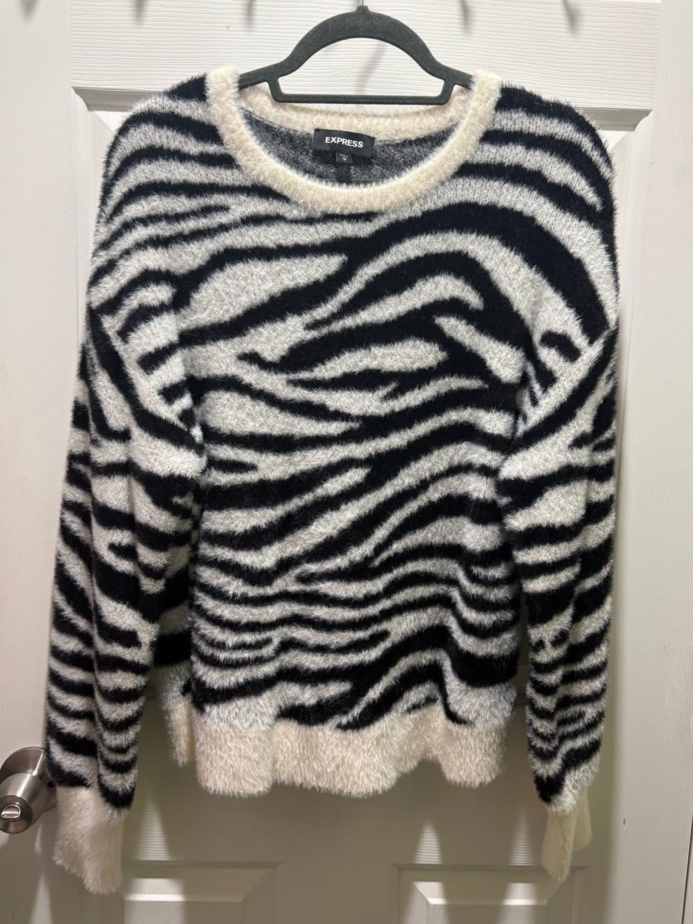 Express medium Black and White Zebra Fuzzy Crewneck Sweater